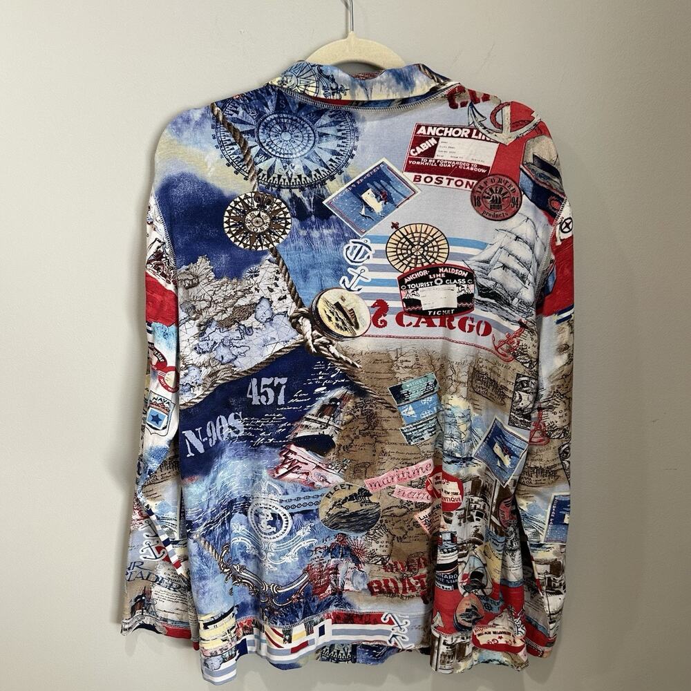 Chico's Sz 3 Blue Nautical Map Compass Zip Up Stretch Jacket Womens Vacation - Picture 5 of 5